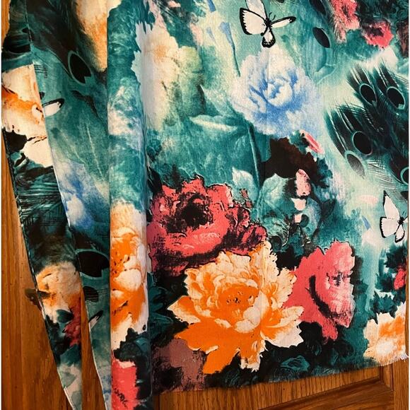 Peacock, Butterflies, and Flower Scarf 26” x 70” - Picture 4 of 6